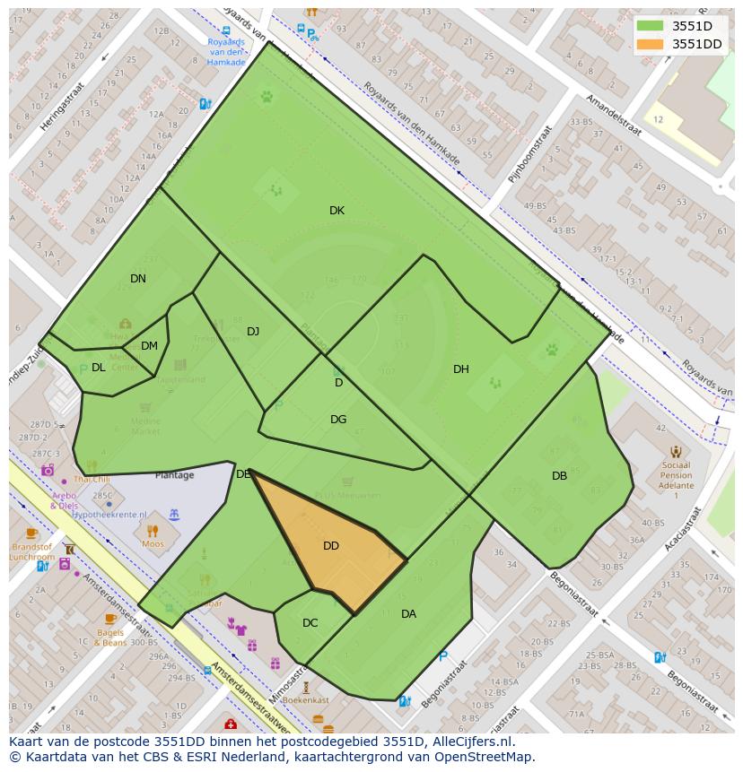 Afbeelding van het postcodegebied 3551 DD op de kaart.