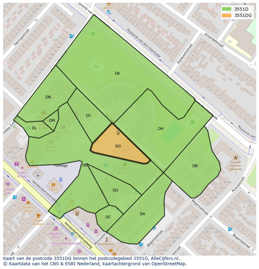 Afbeelding van het postcodegebied 3551 DG op de kaart.