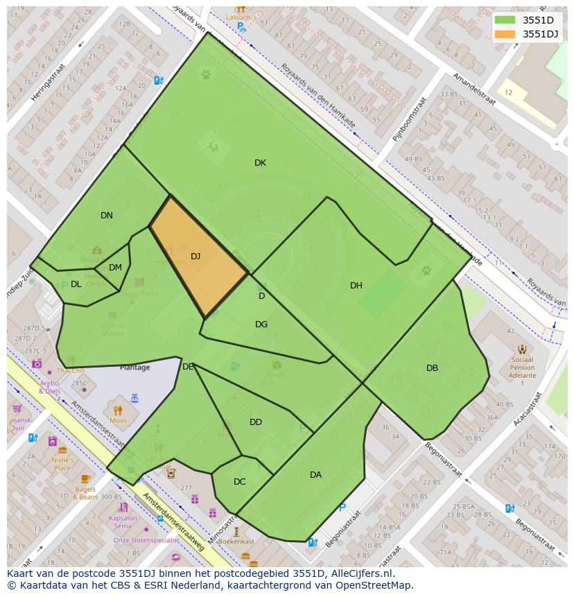 Afbeelding van het postcodegebied 3551 DJ op de kaart.