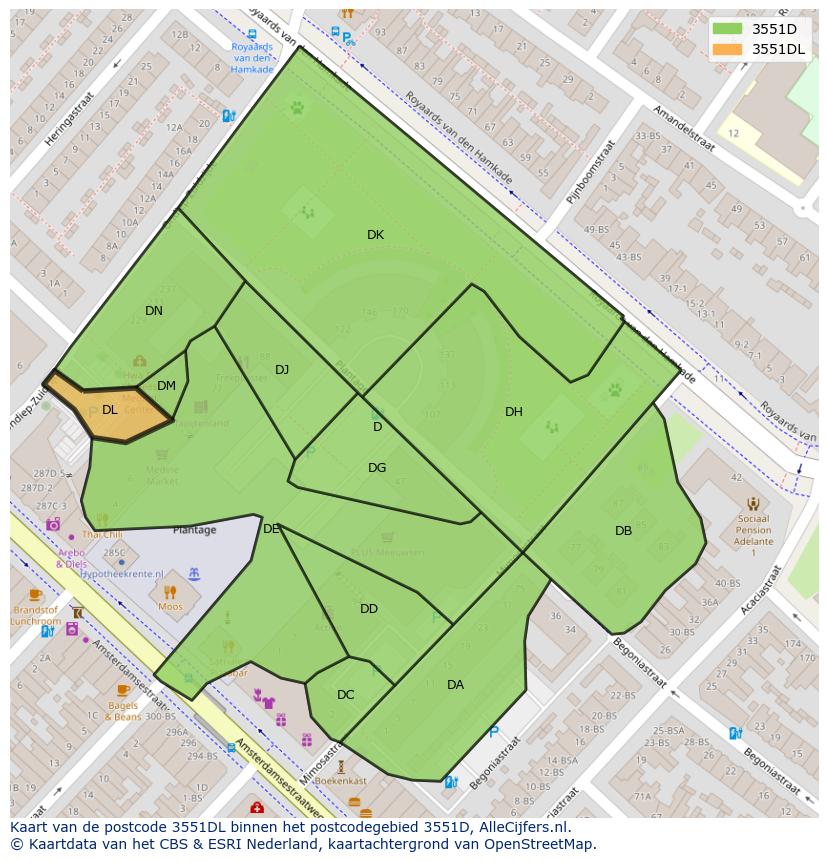 Afbeelding van het postcodegebied 3551 DL op de kaart.