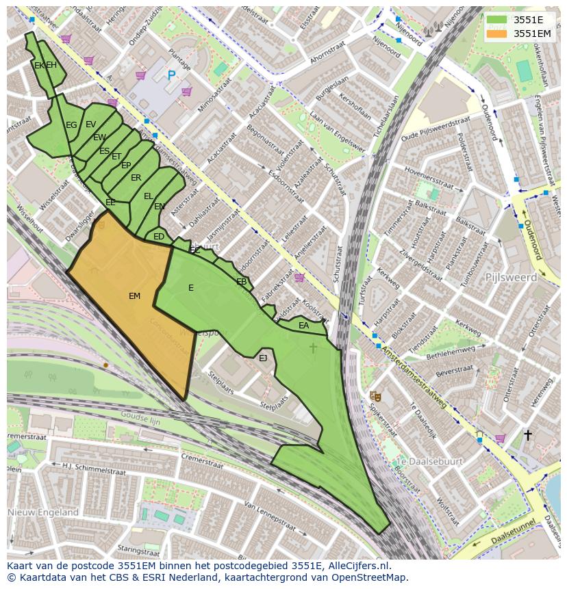 Afbeelding van het postcodegebied 3551 EM op de kaart.
