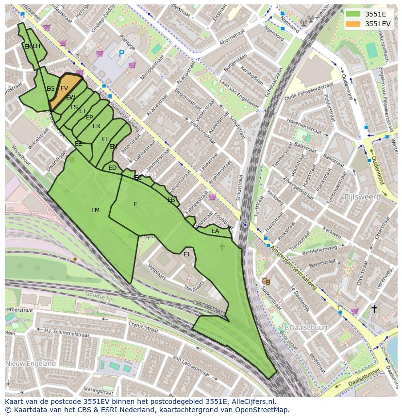 Afbeelding van het postcodegebied 3551 EV op de kaart.