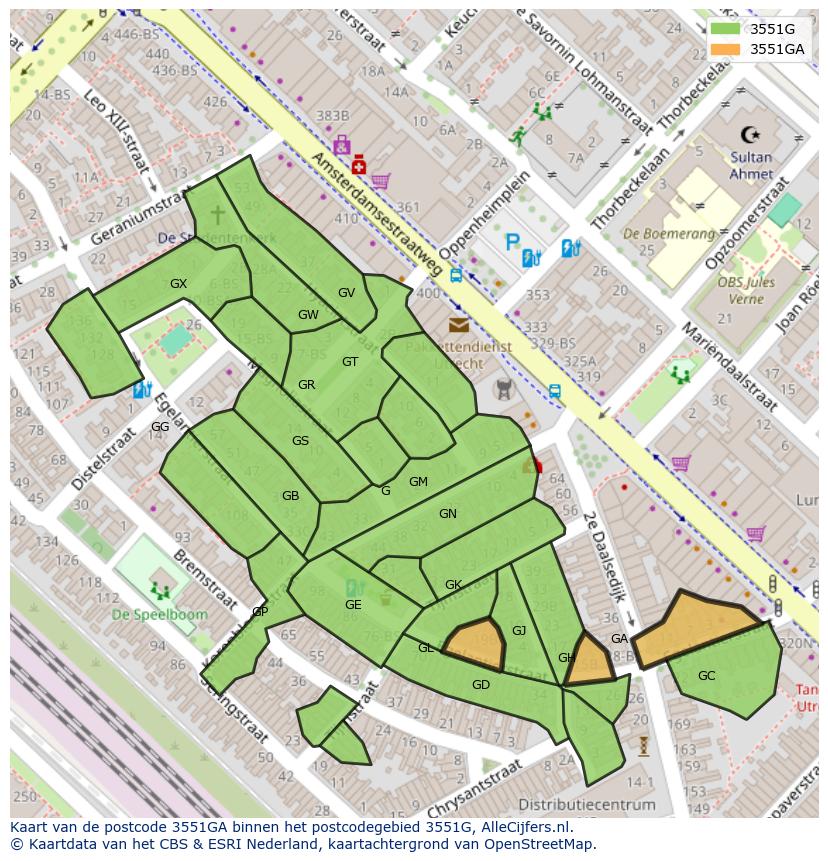 Afbeelding van het postcodegebied 3551 GA op de kaart.