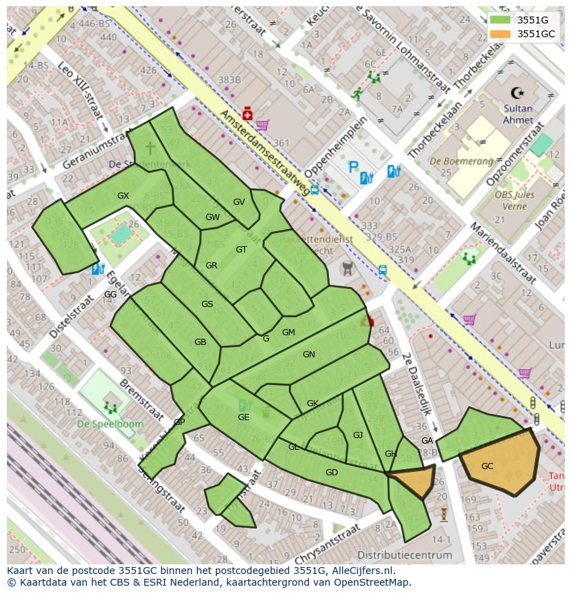 Afbeelding van het postcodegebied 3551 GC op de kaart.