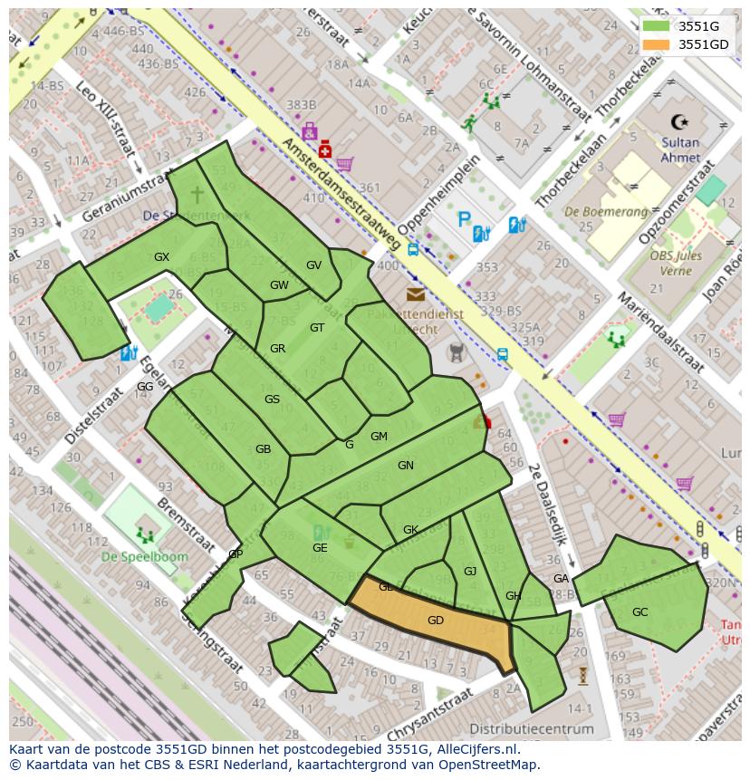 Afbeelding van het postcodegebied 3551 GD op de kaart.