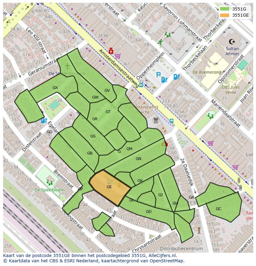 Afbeelding van het postcodegebied 3551 GE op de kaart.