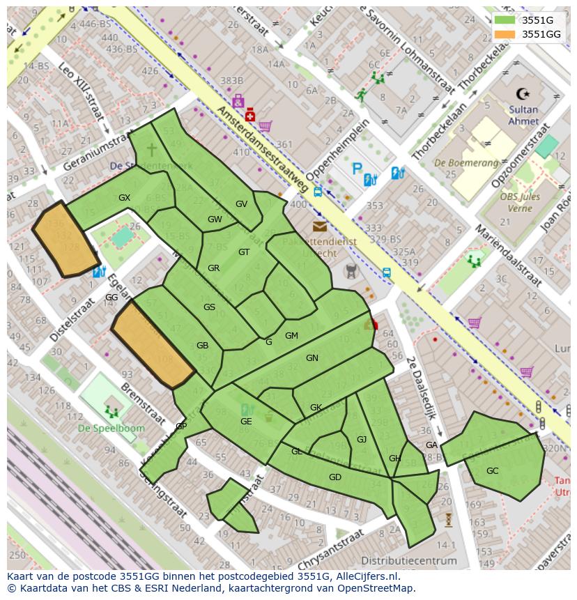 Afbeelding van het postcodegebied 3551 GG op de kaart.