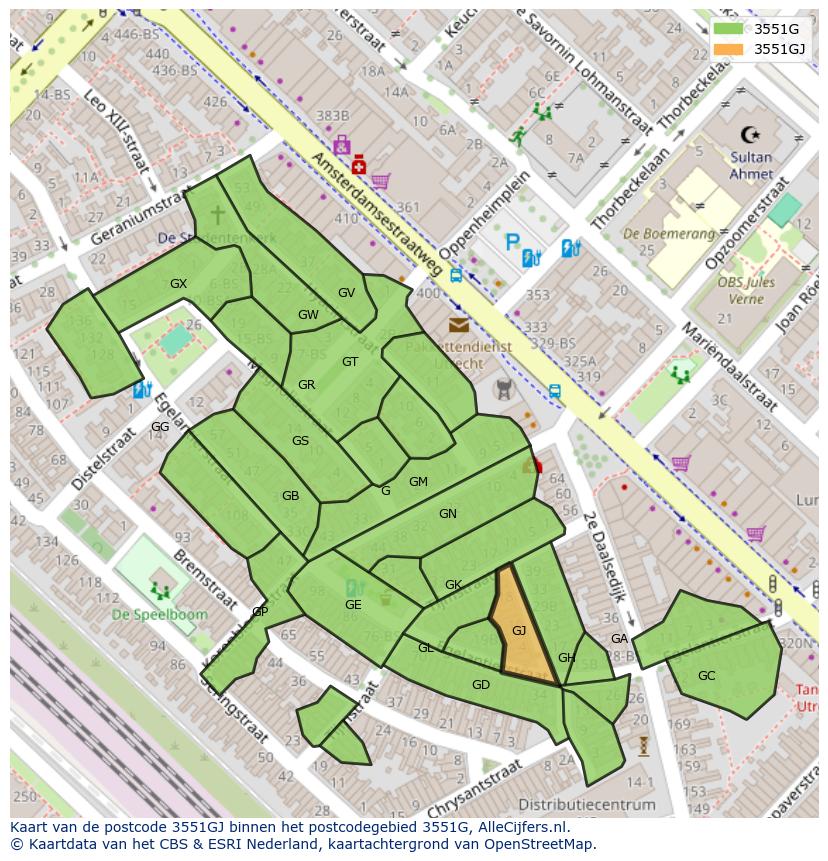 Afbeelding van het postcodegebied 3551 GJ op de kaart.