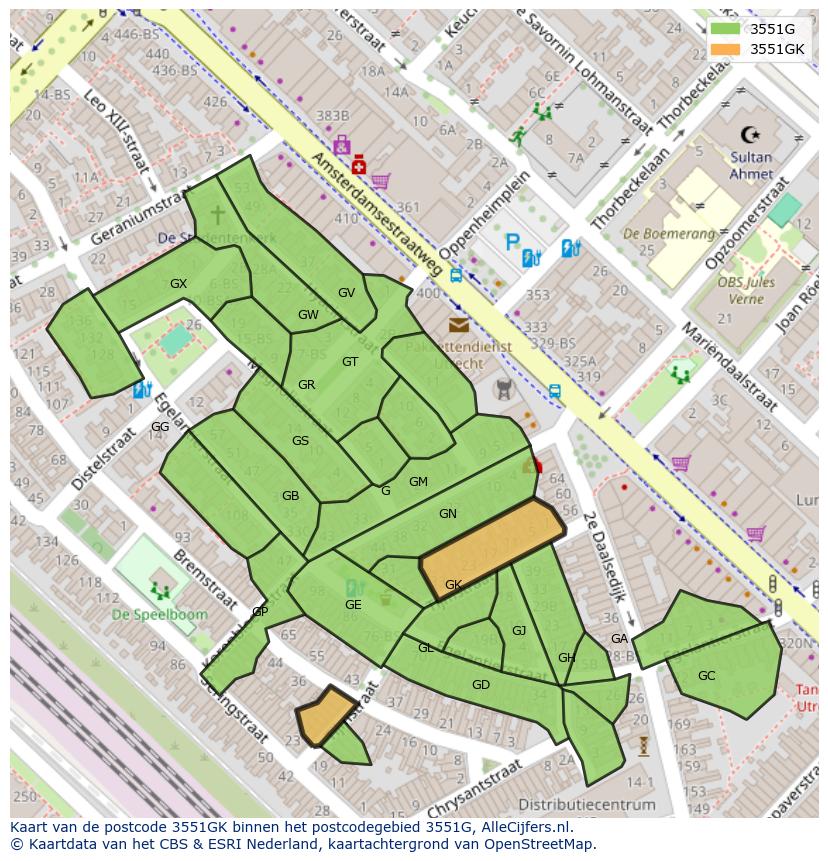 Afbeelding van het postcodegebied 3551 GK op de kaart.