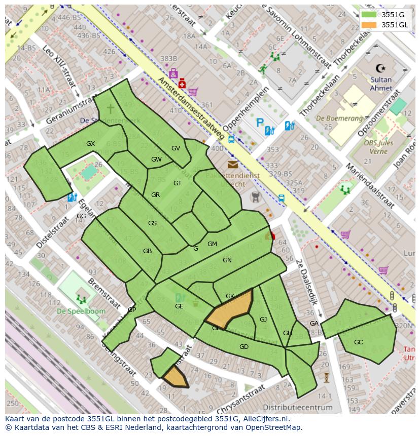 Afbeelding van het postcodegebied 3551 GL op de kaart.