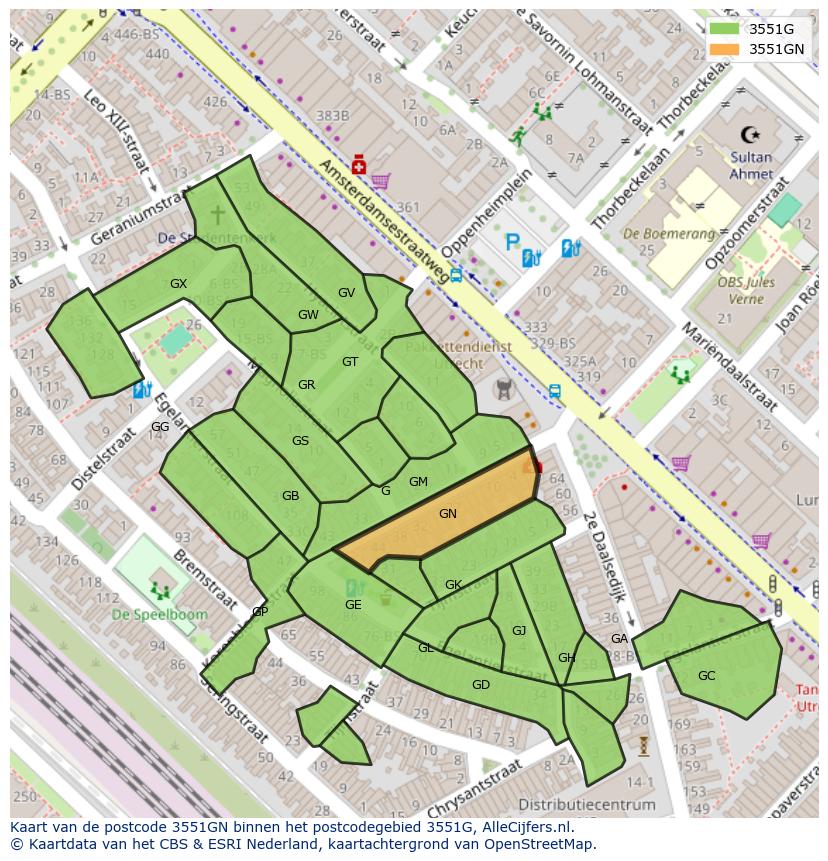 Afbeelding van het postcodegebied 3551 GN op de kaart.