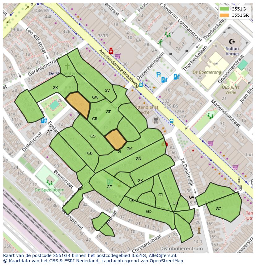 Afbeelding van het postcodegebied 3551 GR op de kaart.