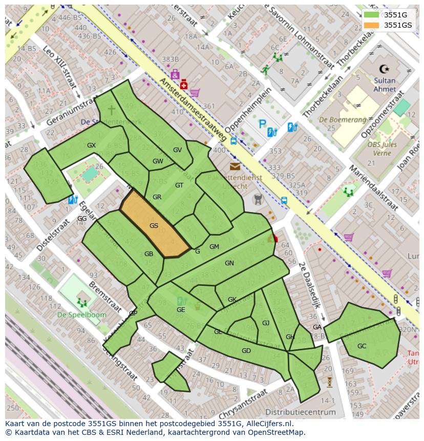 Afbeelding van het postcodegebied 3551 GS op de kaart.