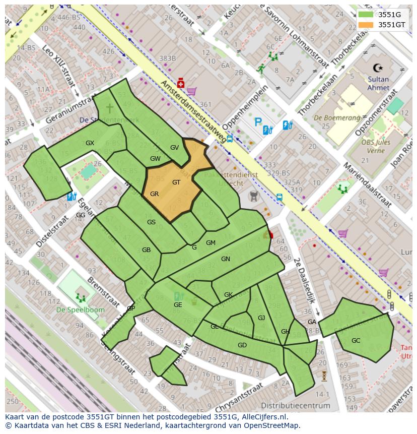 Afbeelding van het postcodegebied 3551 GT op de kaart.