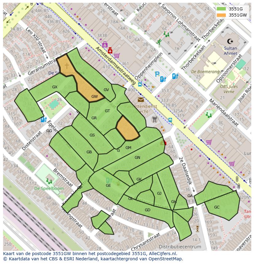 Afbeelding van het postcodegebied 3551 GW op de kaart.