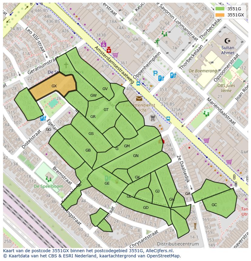 Afbeelding van het postcodegebied 3551 GX op de kaart.