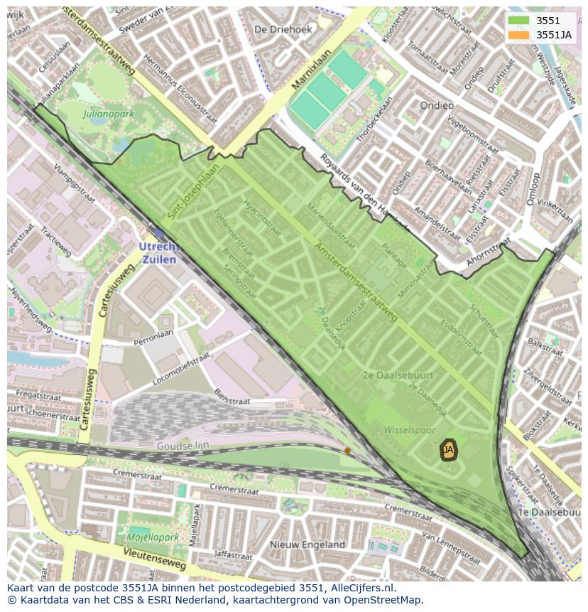 Afbeelding van het postcodegebied 3551 JA op de kaart.