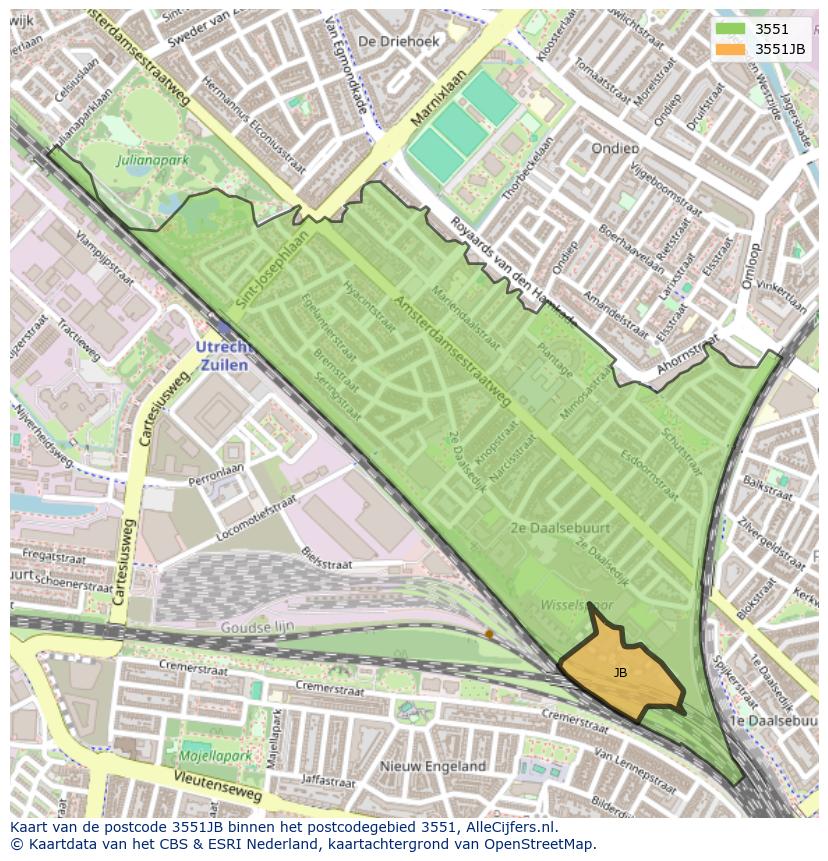 Afbeelding van het postcodegebied 3551 JB op de kaart.