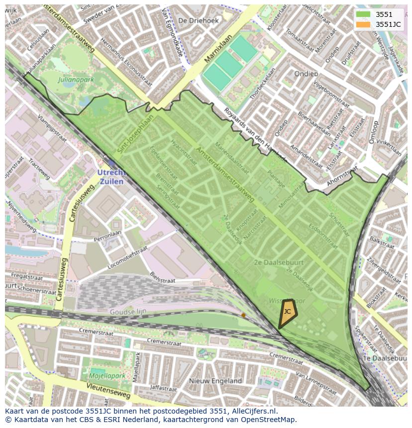 Afbeelding van het postcodegebied 3551 JC op de kaart.
