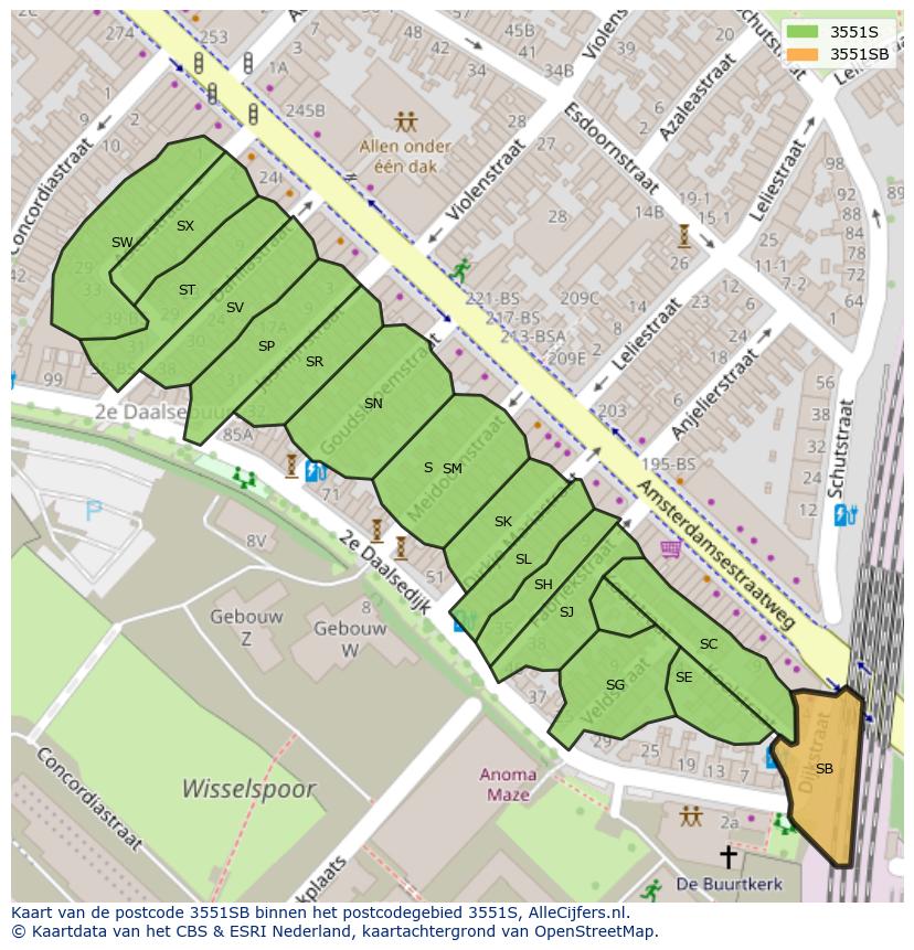 Afbeelding van het postcodegebied 3551 SB op de kaart.