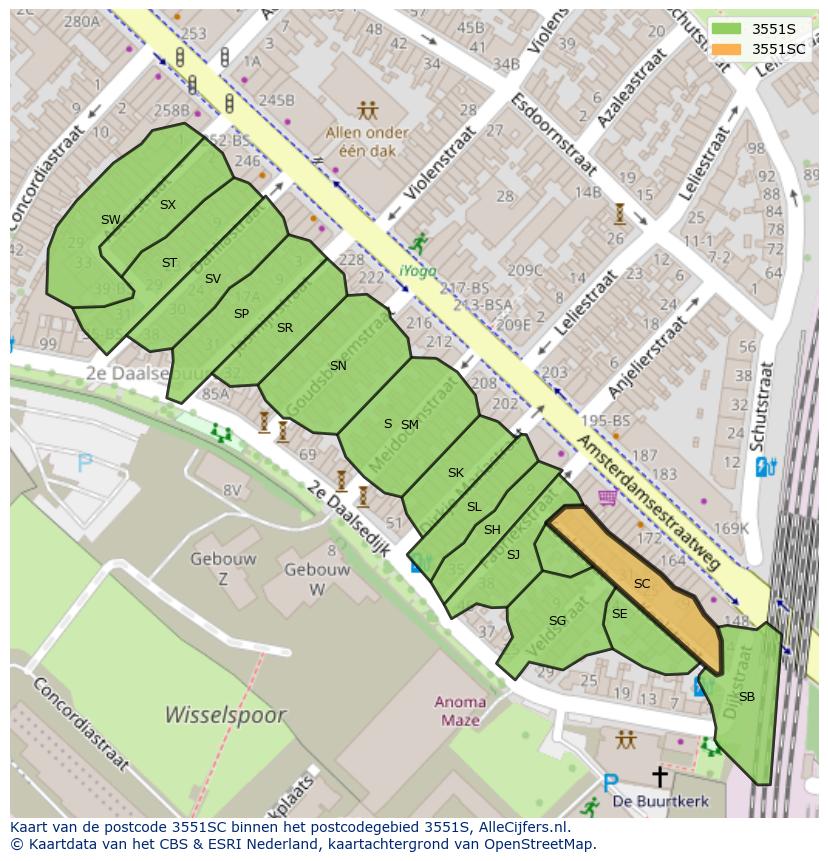 Afbeelding van het postcodegebied 3551 SC op de kaart.