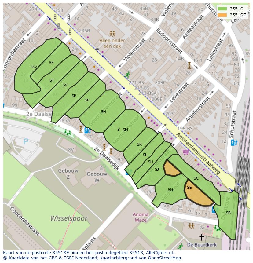 Afbeelding van het postcodegebied 3551 SE op de kaart.