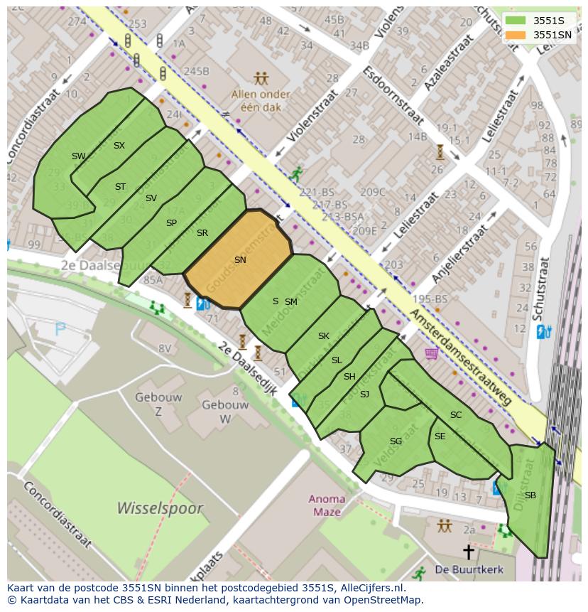 Afbeelding van het postcodegebied 3551 SN op de kaart.