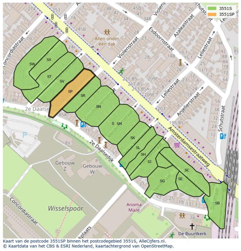 Afbeelding van het postcodegebied 3551 SP op de kaart.