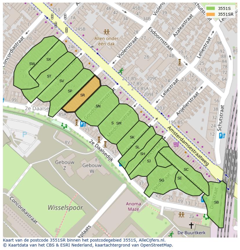 Afbeelding van het postcodegebied 3551 SR op de kaart.
