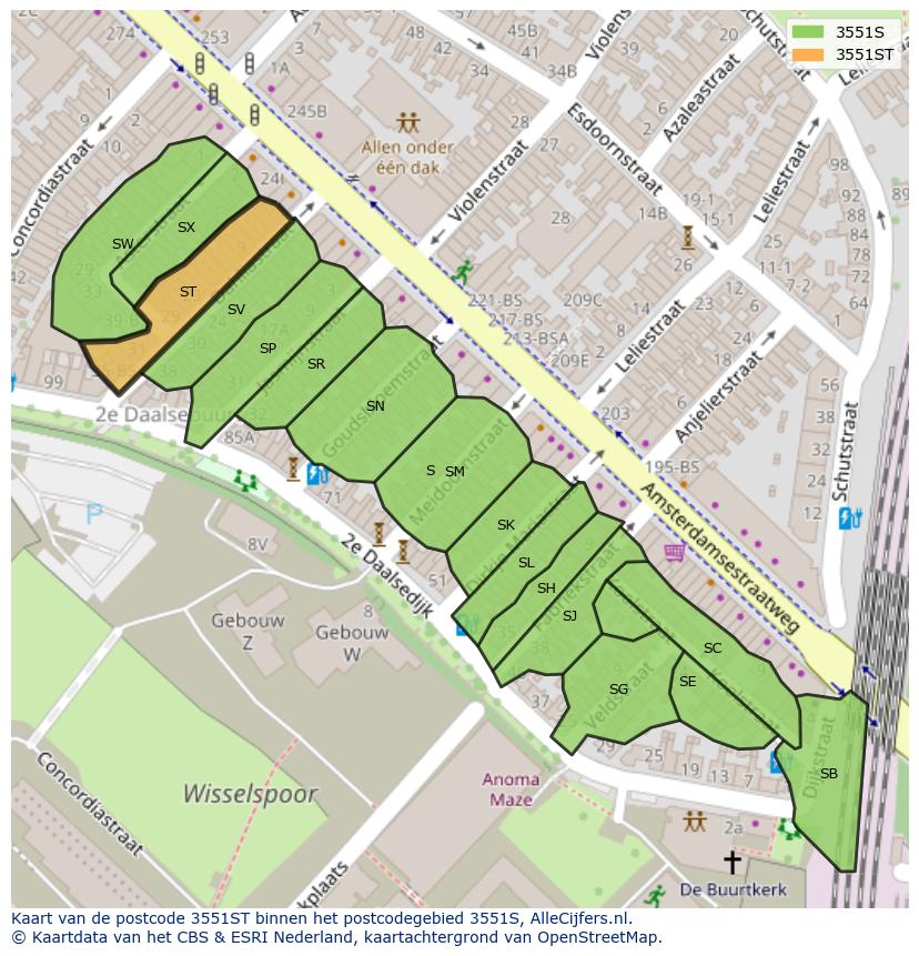 Afbeelding van het postcodegebied 3551 ST op de kaart.