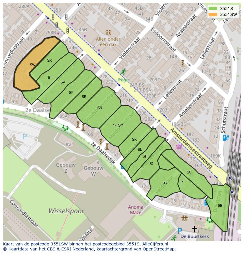 Afbeelding van het postcodegebied 3551 SW op de kaart.