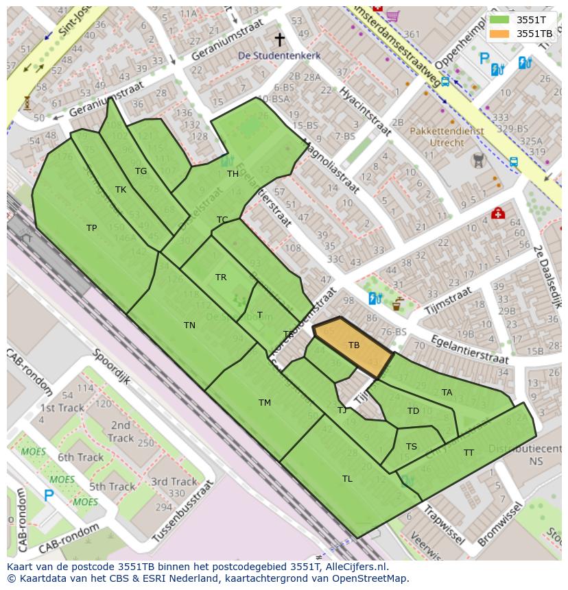 Afbeelding van het postcodegebied 3551 TB op de kaart.