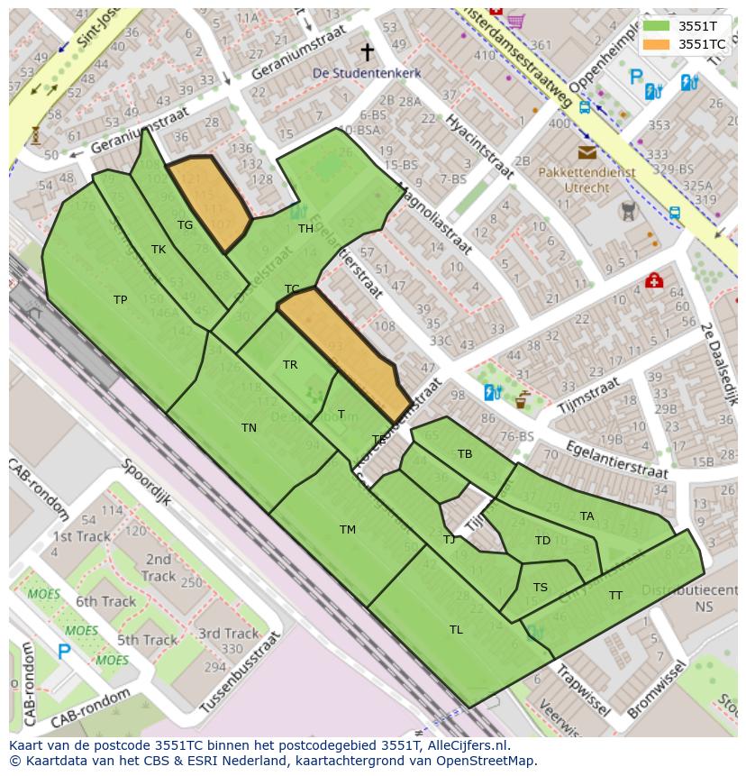 Afbeelding van het postcodegebied 3551 TC op de kaart.