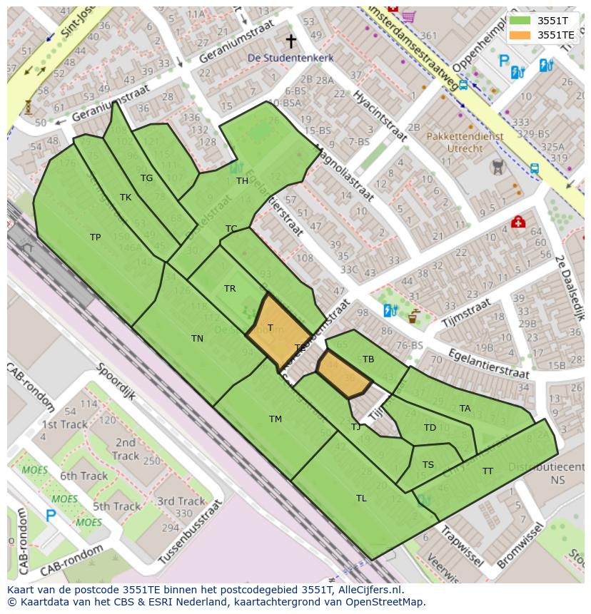 Afbeelding van het postcodegebied 3551 TE op de kaart.