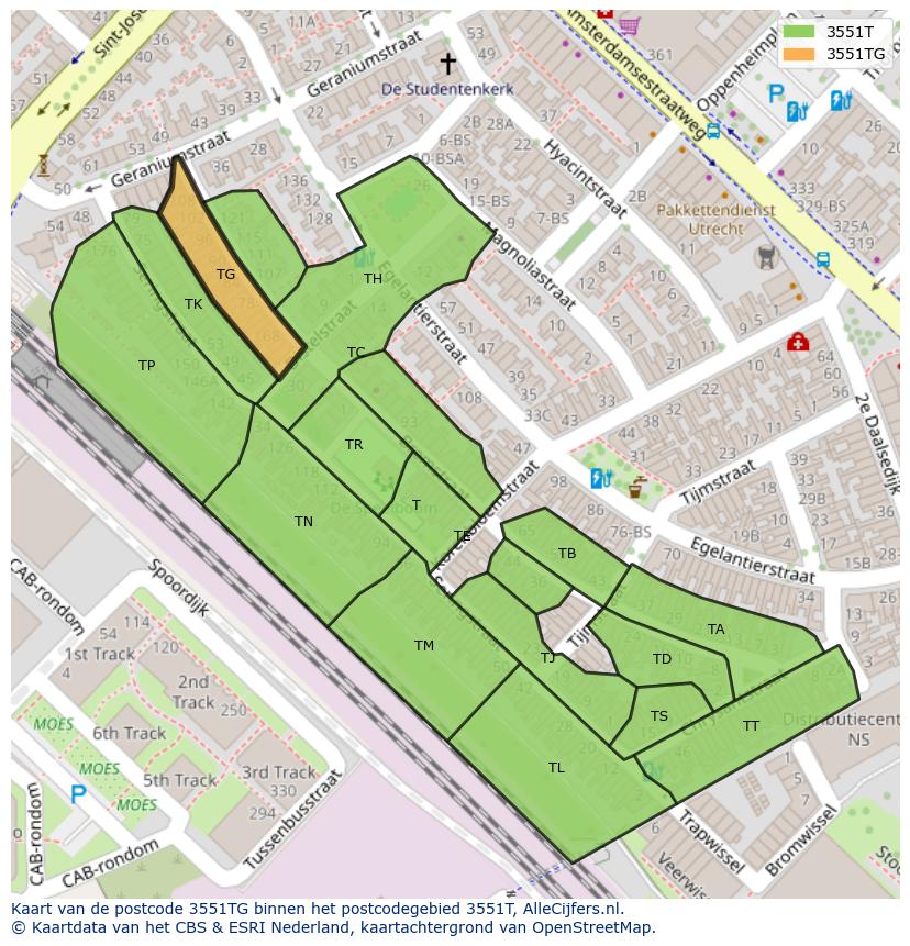 Afbeelding van het postcodegebied 3551 TG op de kaart.