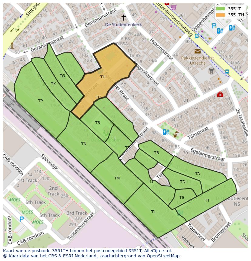 Afbeelding van het postcodegebied 3551 TH op de kaart.