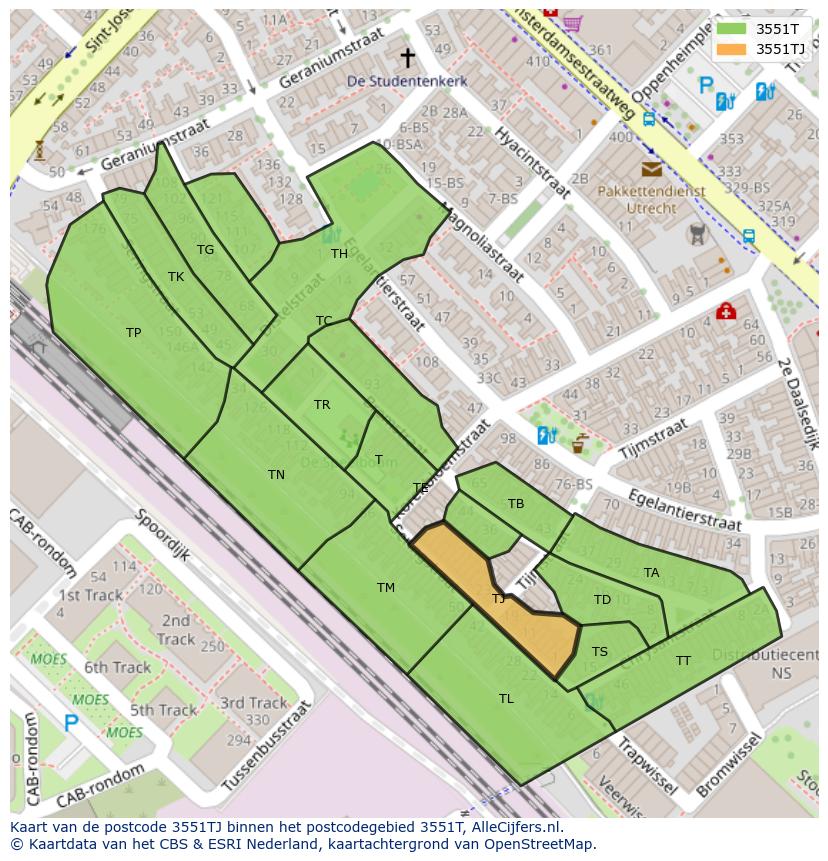 Afbeelding van het postcodegebied 3551 TJ op de kaart.