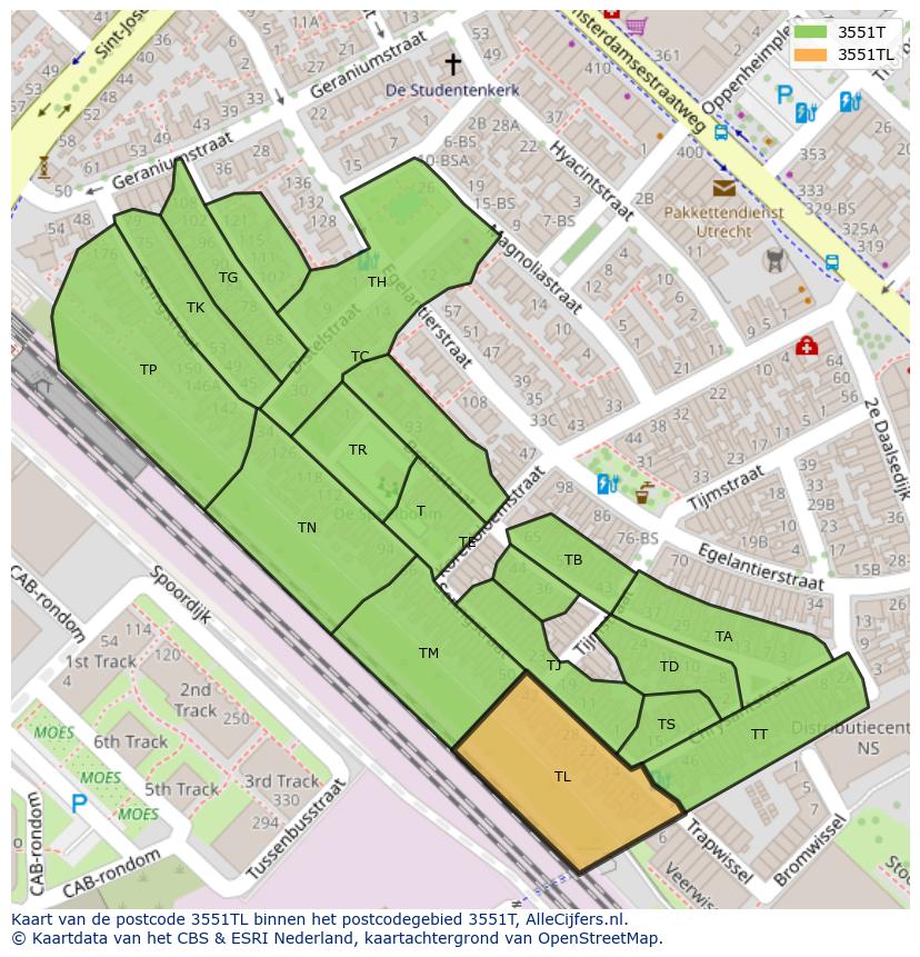 Afbeelding van het postcodegebied 3551 TL op de kaart.