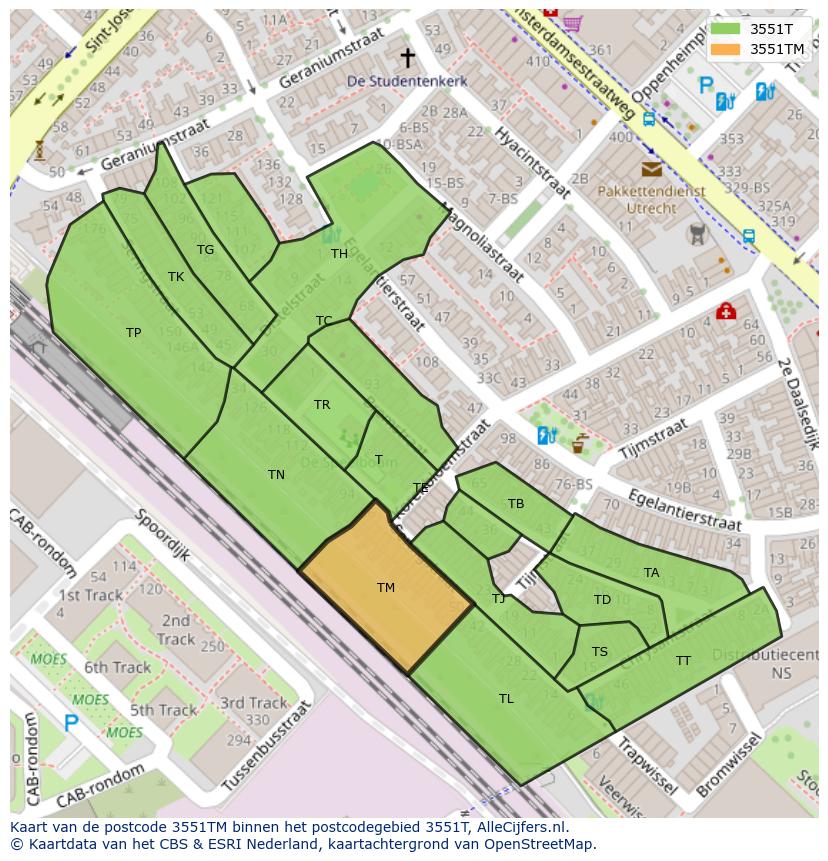 Afbeelding van het postcodegebied 3551 TM op de kaart.