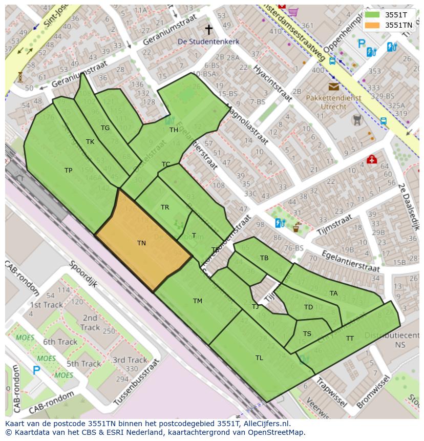 Afbeelding van het postcodegebied 3551 TN op de kaart.