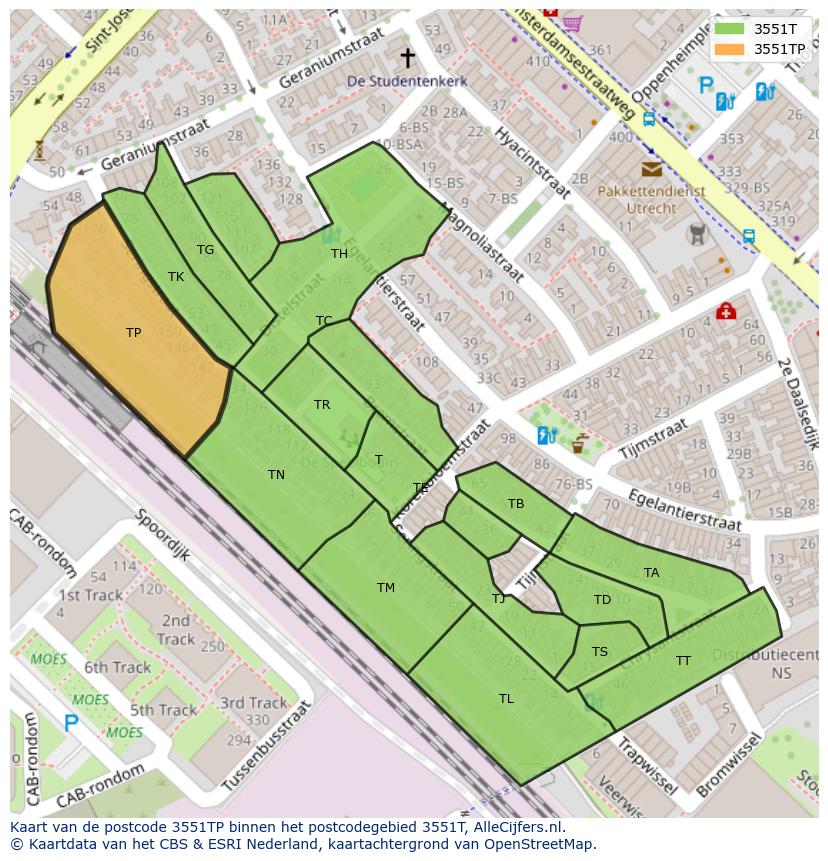 Afbeelding van het postcodegebied 3551 TP op de kaart.