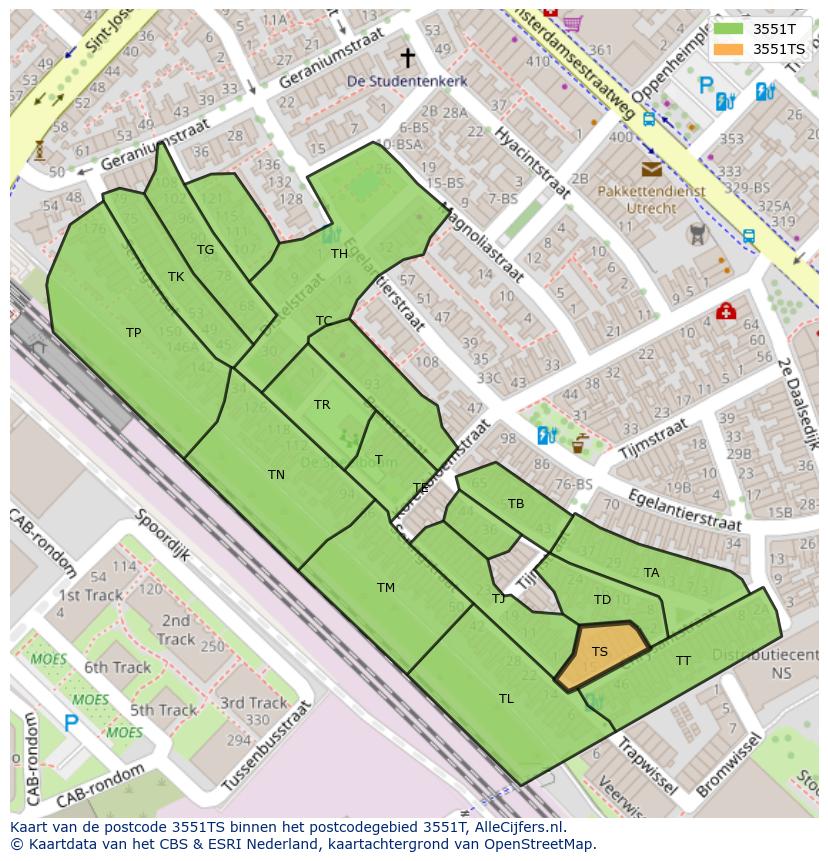 Afbeelding van het postcodegebied 3551 TS op de kaart.