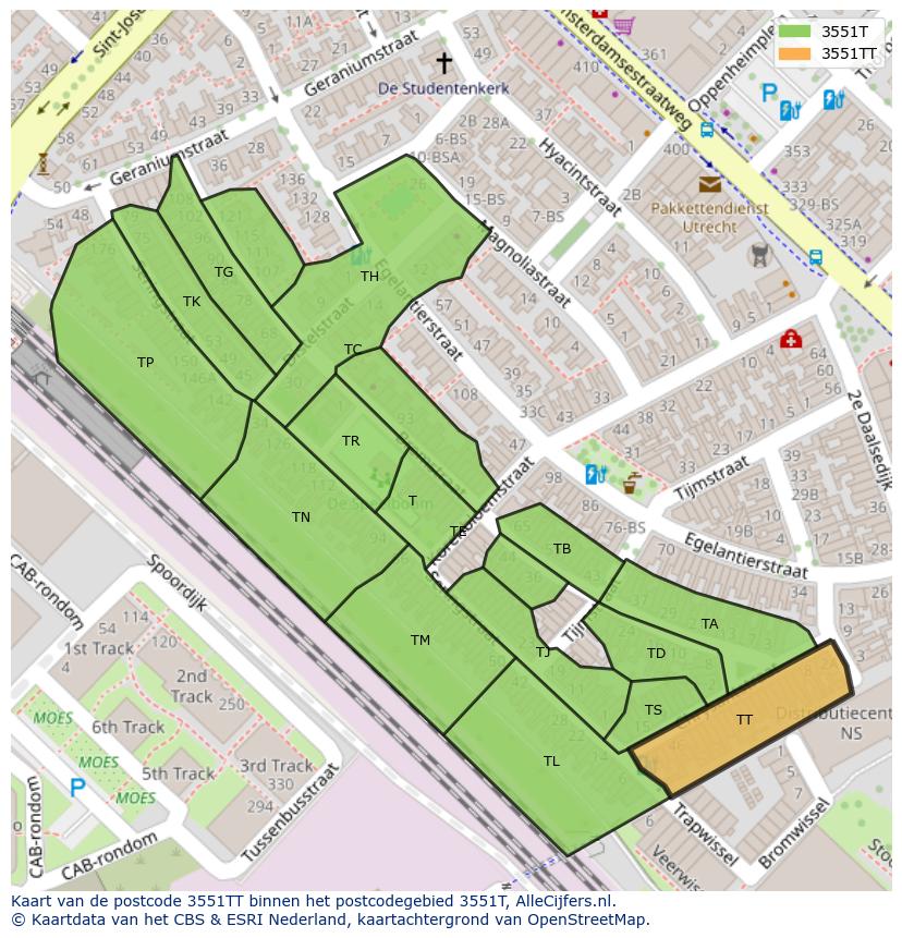 Afbeelding van het postcodegebied 3551 TT op de kaart.