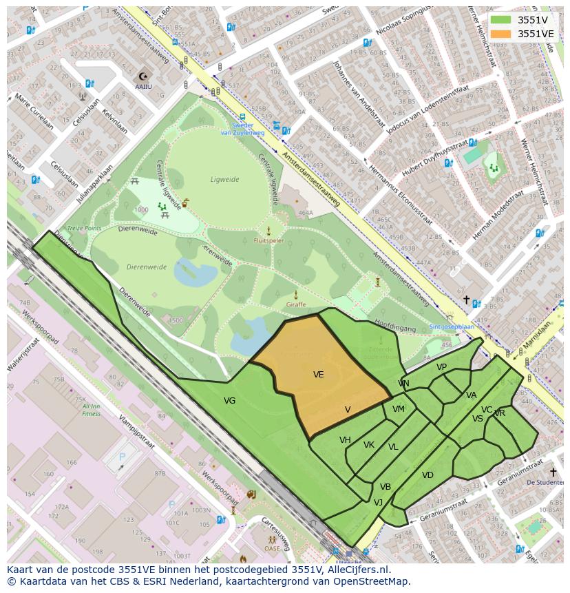 Afbeelding van het postcodegebied 3551 VE op de kaart.