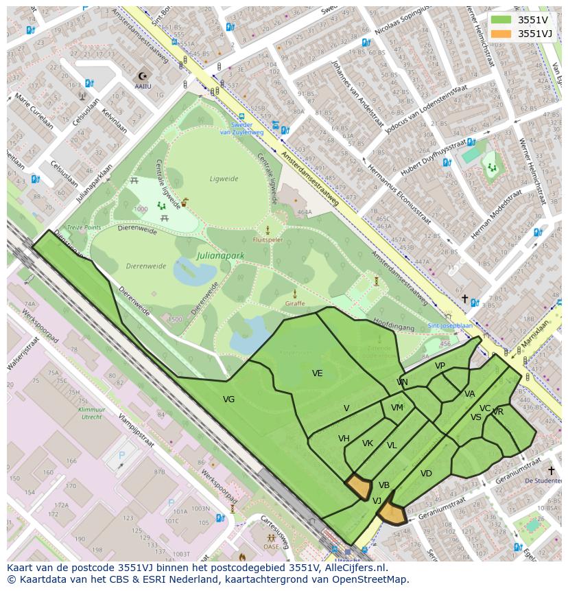 Afbeelding van het postcodegebied 3551 VJ op de kaart.