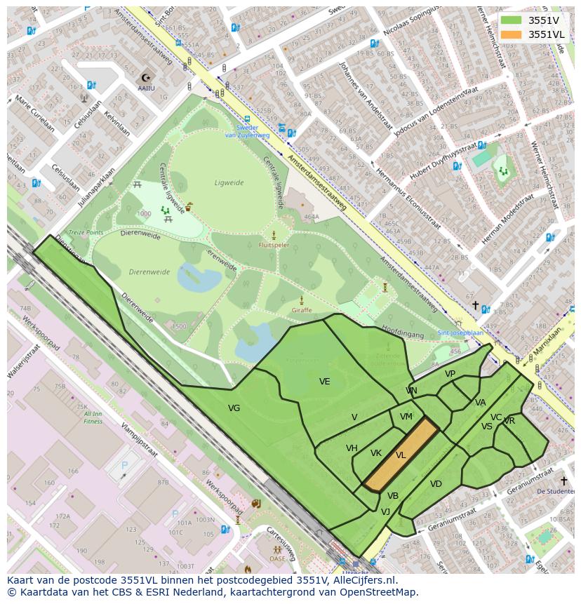 Afbeelding van het postcodegebied 3551 VL op de kaart.