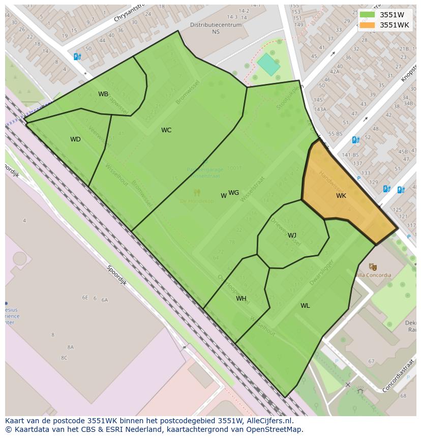 Afbeelding van het postcodegebied 3551 WK op de kaart.