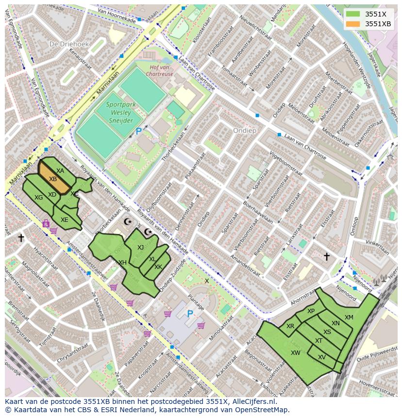 Afbeelding van het postcodegebied 3551 XB op de kaart.