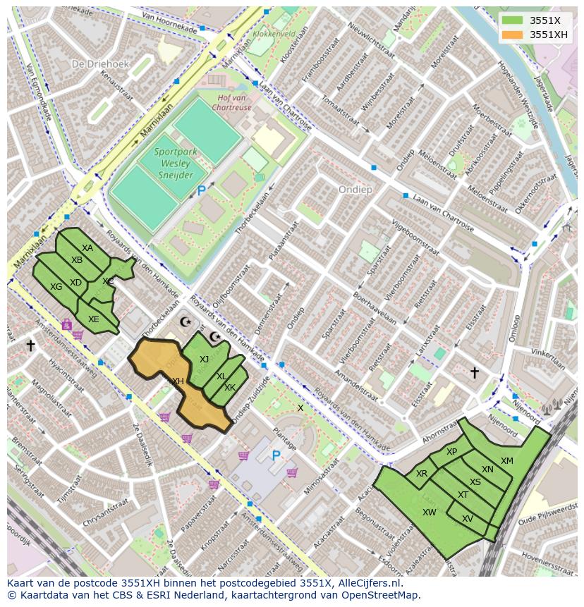 Afbeelding van het postcodegebied 3551 XH op de kaart.