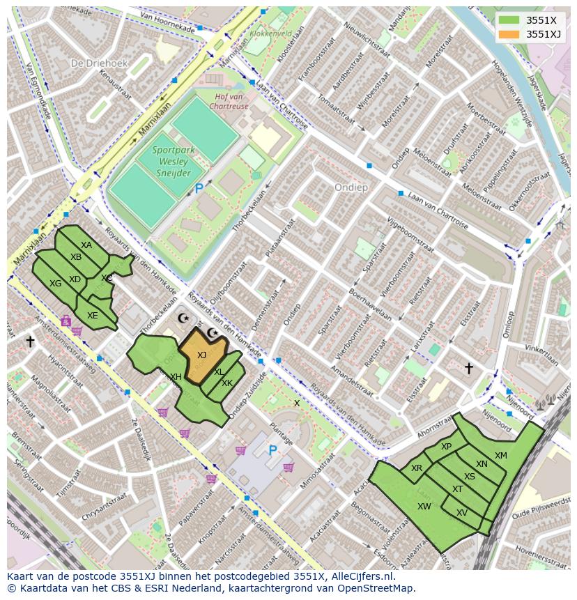 Afbeelding van het postcodegebied 3551 XJ op de kaart.